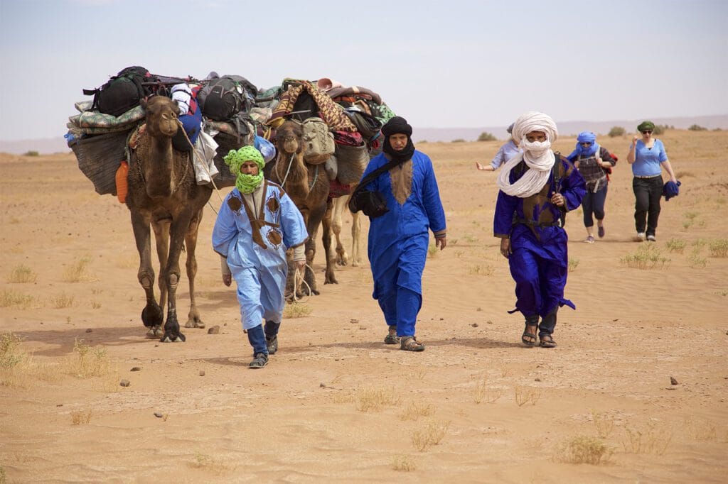 camels and people walking through the desert