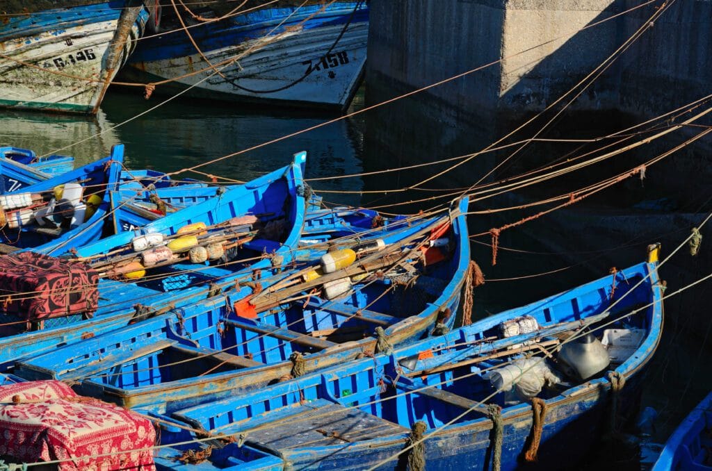 blue boats in Essaouira, Morocco